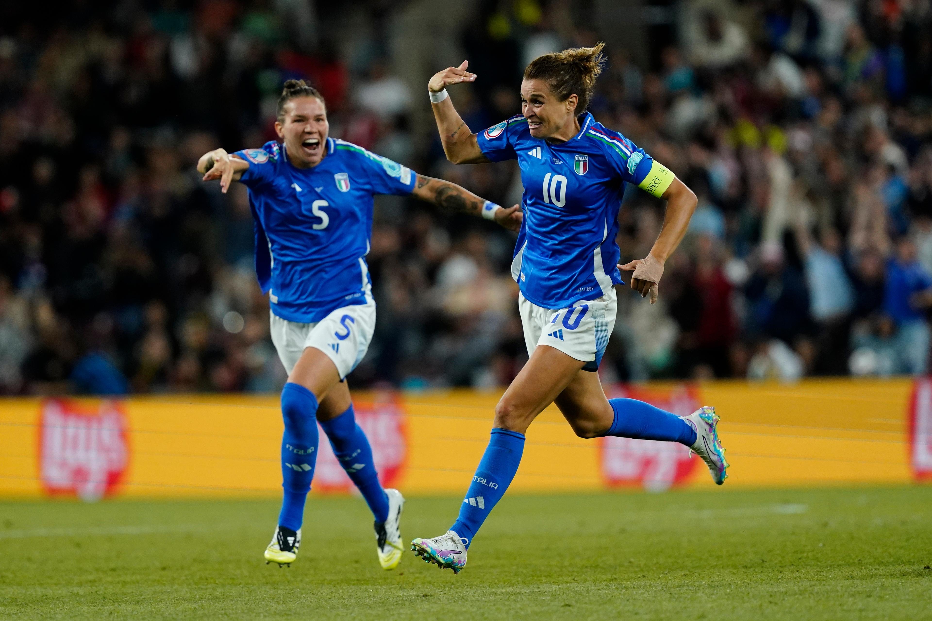 GENEVA, SWITZERLAND - JULY 07: Cristiana Girelli of Italy celebrates scoring her team's first goal during the UEFA Women's EURO 2025 Group B match between Portugal and Italy at Stade de Geneve on July 07, 2025 in Geneva, Switzerland. (Photo by Pier Marco Tacca - FIGC/FIGC via Getty Images)