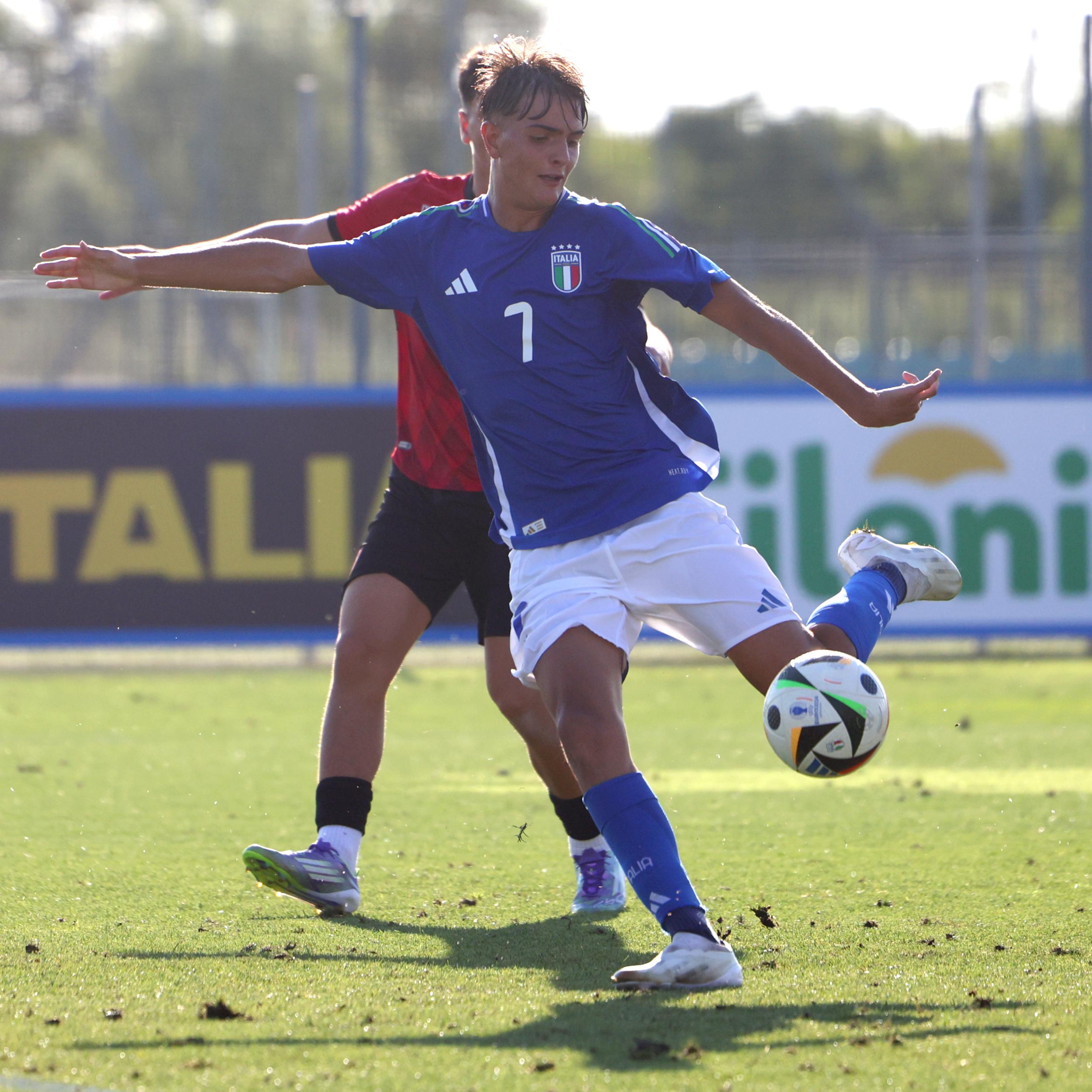 NOVARA, ITALY - AUGUST 05: Nicolò Artesani of Italy scores his team's third goal during the International Friendly match between Italy and Albania at Novarello Training Center on August 05, 2025 in Novara, Italy. (Photo by FIGC/FIGC via Getty Images)