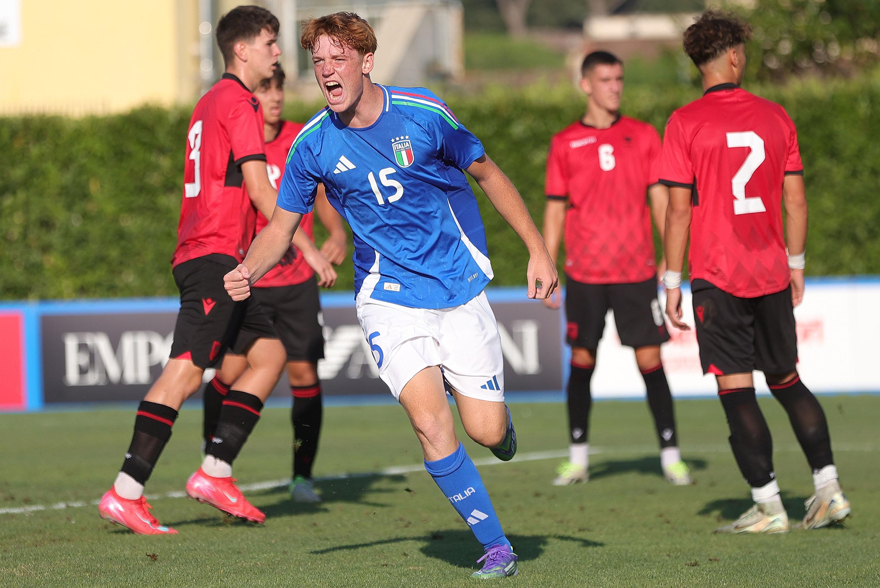 FLORENCE, ITALY - AUGUST 12: Alessandro Ghiotto of Italy U17 celebrates after scoring a goal during the frendly match between Italy U17 and Albania U17 at Centro Tecnico Federale di Coverciano on August 12, 2025 in Florence, Italy. (Photo by Gabriele Maltinti - FIGC/FIGC via Getty Images) *** Local Caption *** Alessandro Ghiotto