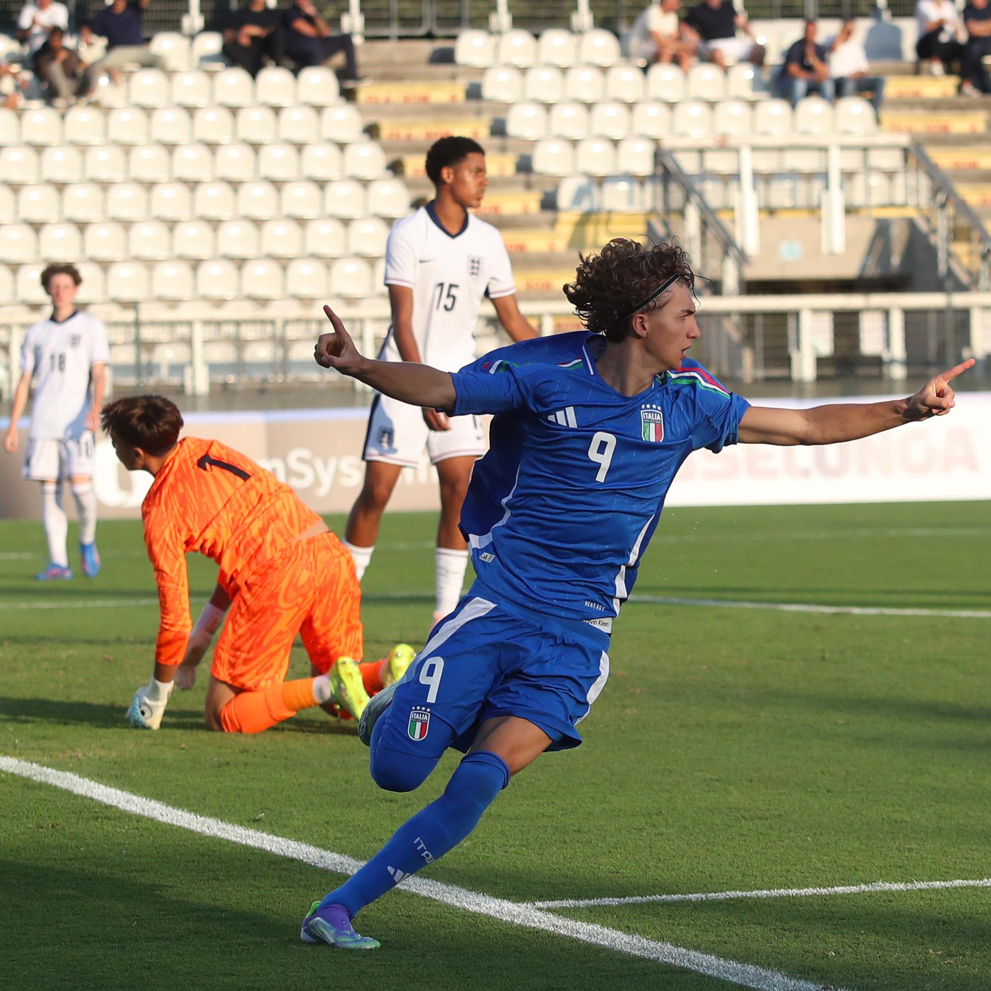 ROME, ITALY - AUGUST 26: Maximilian Donner of Italy U16 celebrates after scoring the opening goal during the International friendly match between Italy U16 and England U16 at Stadio Tre Fontane on August 26, 2025 in Rome, Italy. (Photo by Paolo Bruno - FIGC/FIGC via Getty Images)