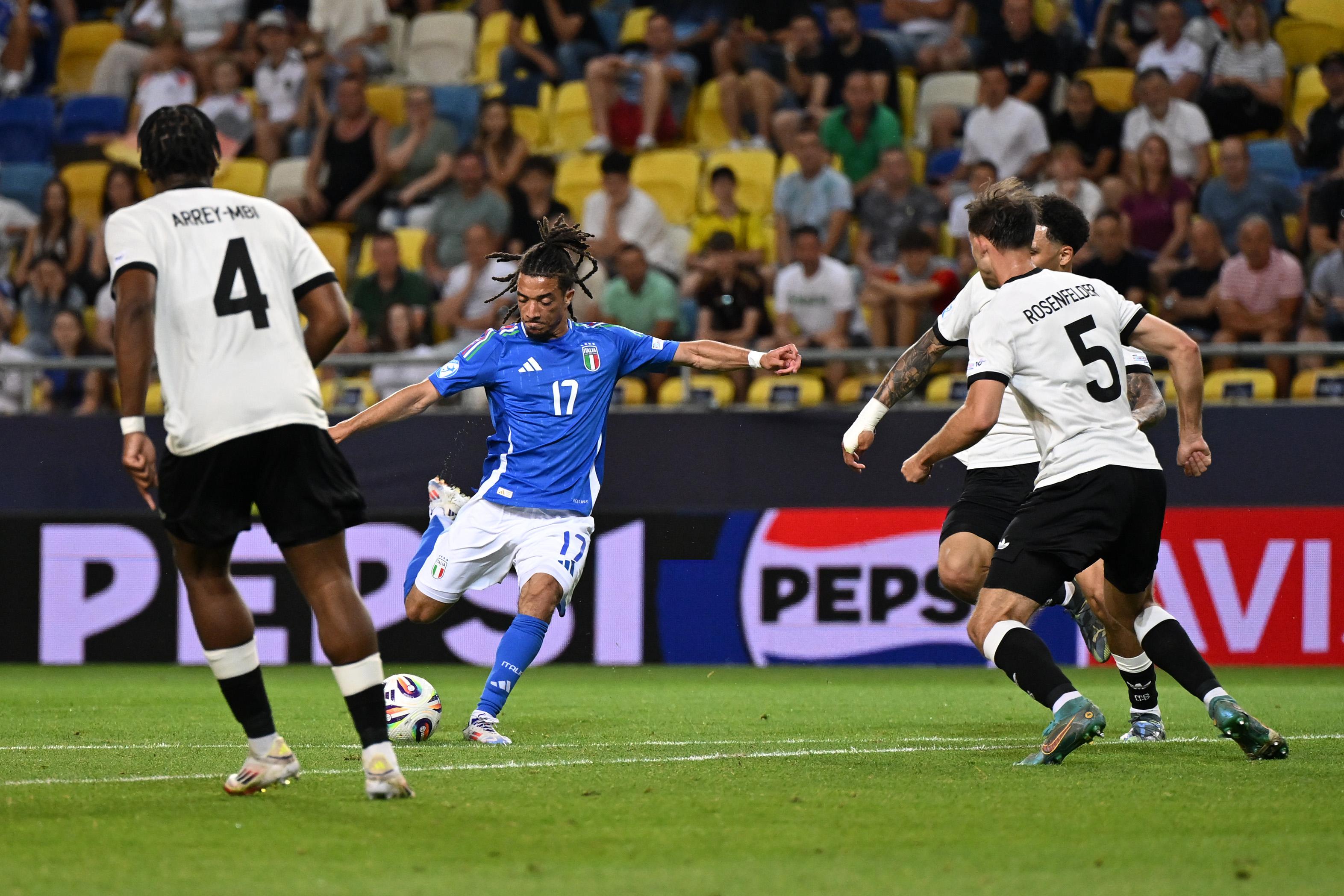 DUNAJSKA STREDA, SLOVAKIA - JUNE 22: Luca Koleosho of Italy scores his team's first goal during the UEFA European Under-21 Championship 2025 Quarter-Final match between Germany and Italy at DAC Arena on June 22, 2025 in Dunajska Streda, Slovakia. (Photo by Tullio Puglia - UEFA/UEFA via Getty Images)