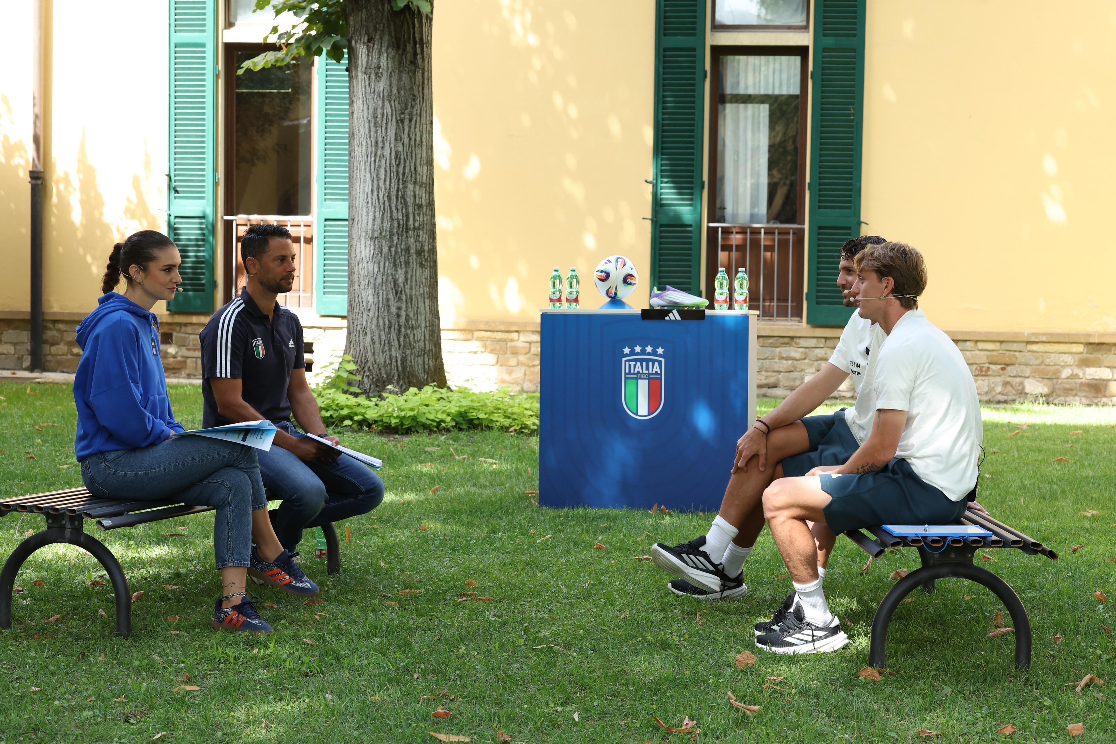 FLORENCE, ITALY - SEPTEMBER 03: Manuel Locatelli and Nicolo Rovella take part in a live broadcast on the Vivo Azzurro channel at Centro Tecnico Federale di Coverciano on September 03, 2025 in Florence, Italy. (Photo by Claudio Villa - FIGC/FIGC via Getty Images)