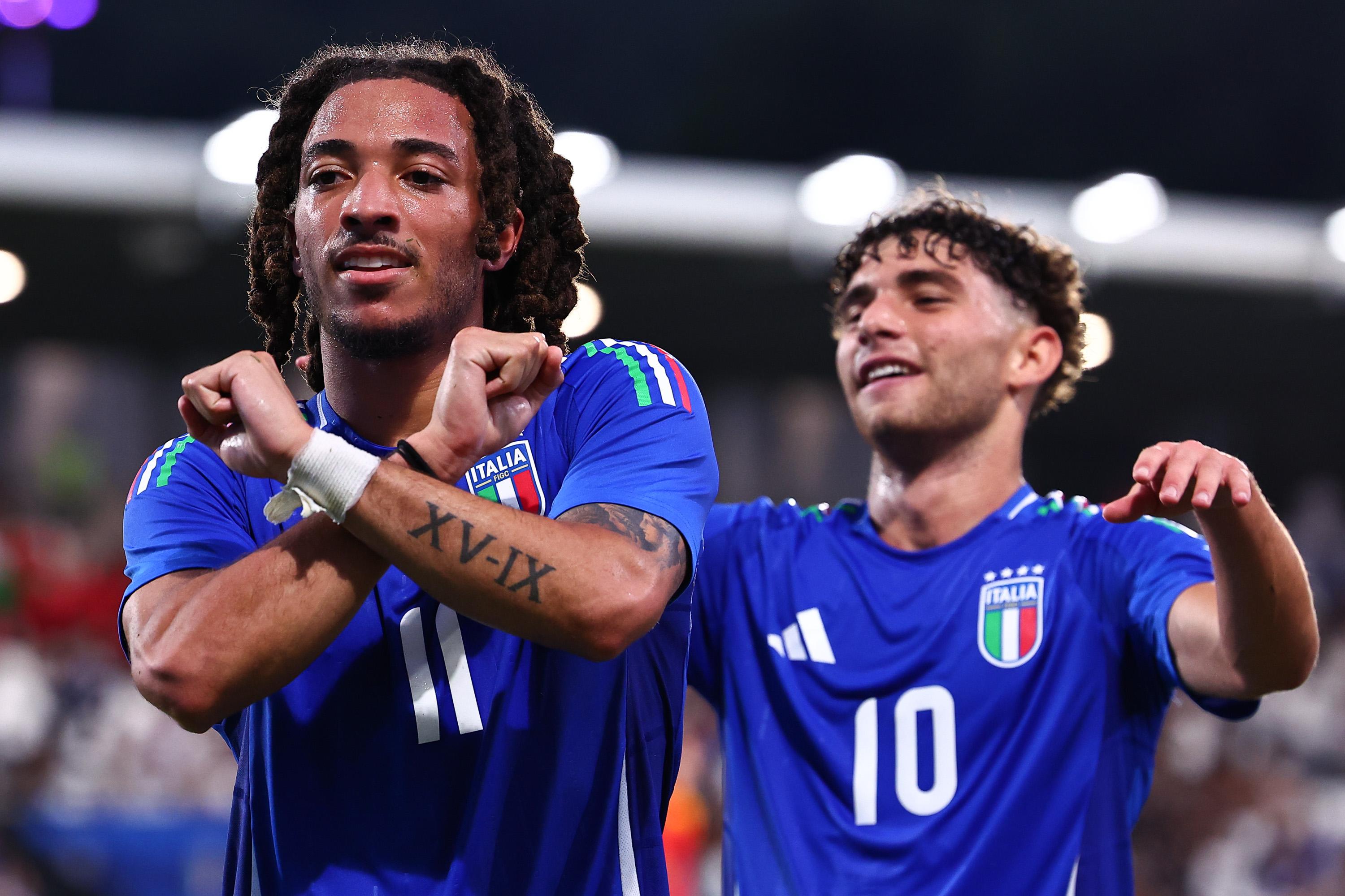 LA SPEZIA, ITALY - SEPTEMBER 05: Luca Koleosho of Italy U21 celebrates after scoring his team's second goal during the UEFA Euro U21 Qualification match between Italy and Montenegro on September 05, 2025 in La Spezia, Italy. (Photo by Luca Bizzarri - FIGC/FIGC via Getty Images)