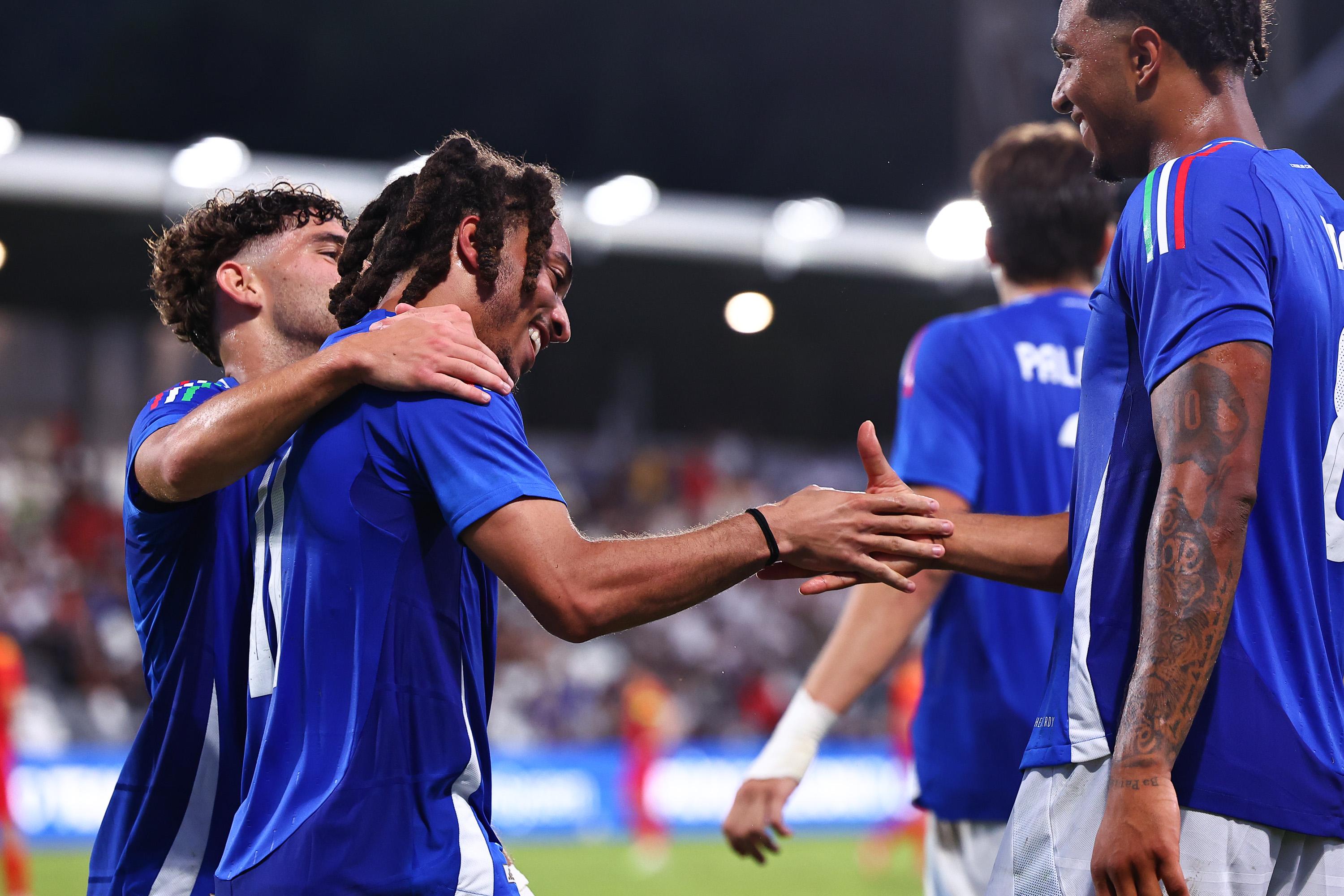 LA SPEZIA, ITALY - SEPTEMBER 05: Luca Koleosho of Italy U21 celebrates after scoring his team's second goal during the UEFA Euro U21 Qualification match between Italy and Montenegro on September 05, 2025 in La Spezia, Italy. (Photo by Luca Bizzarri - FIGC/FIGC via Getty Images)