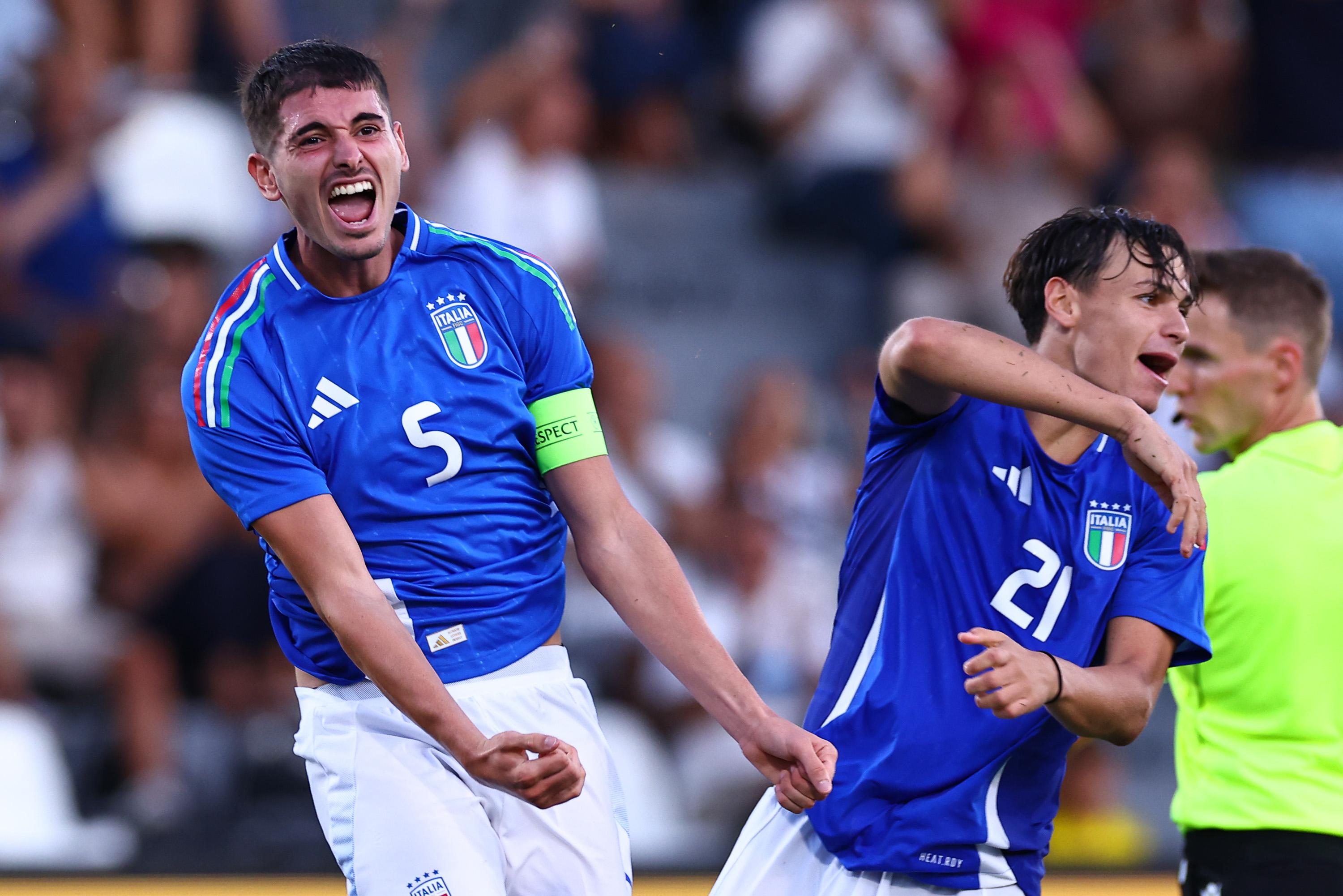 LA SPEZIA, ITALY - SEPTEMBER 05: Luca Lipani of Italy U21 celebrates after scoring his team's first goal during the UEFA Euro U21 Qualification match between Italy and Montenegro on September 05, 2025 in La Spezia, Italy. (Photo by Luca Bizzarri - FIGC/FIGC via Getty Images)