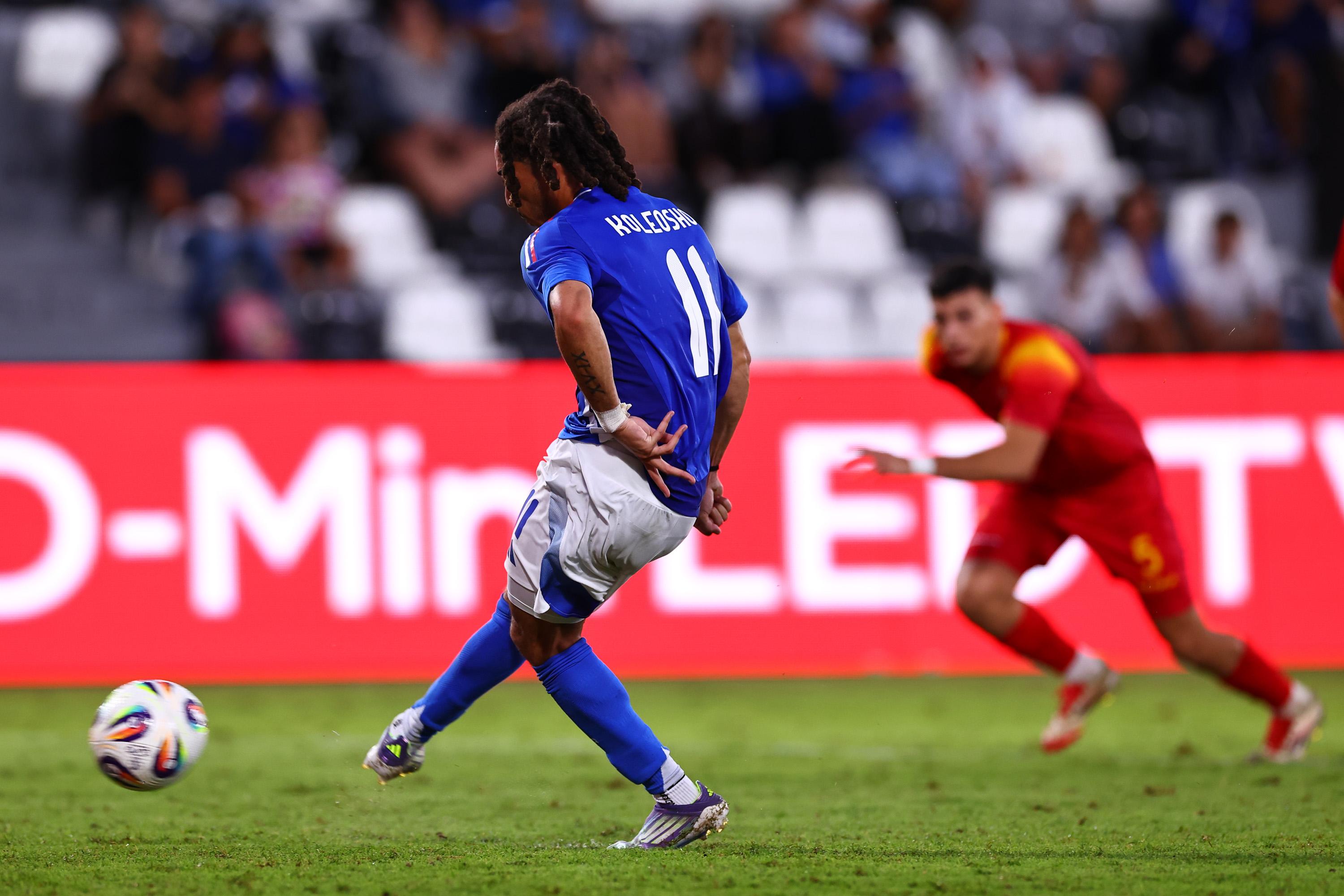 LA SPEZIA, ITALY - SEPTEMBER 05: Luca Koleosho of Italy U21 scores his team's second goal during the UEFA Euro U21 Qualification match between Italy and Montenegro on September 05, 2025 in La Spezia, Italy. (Photo by Luca Bizzarri - FIGC/FIGC via Getty Images)