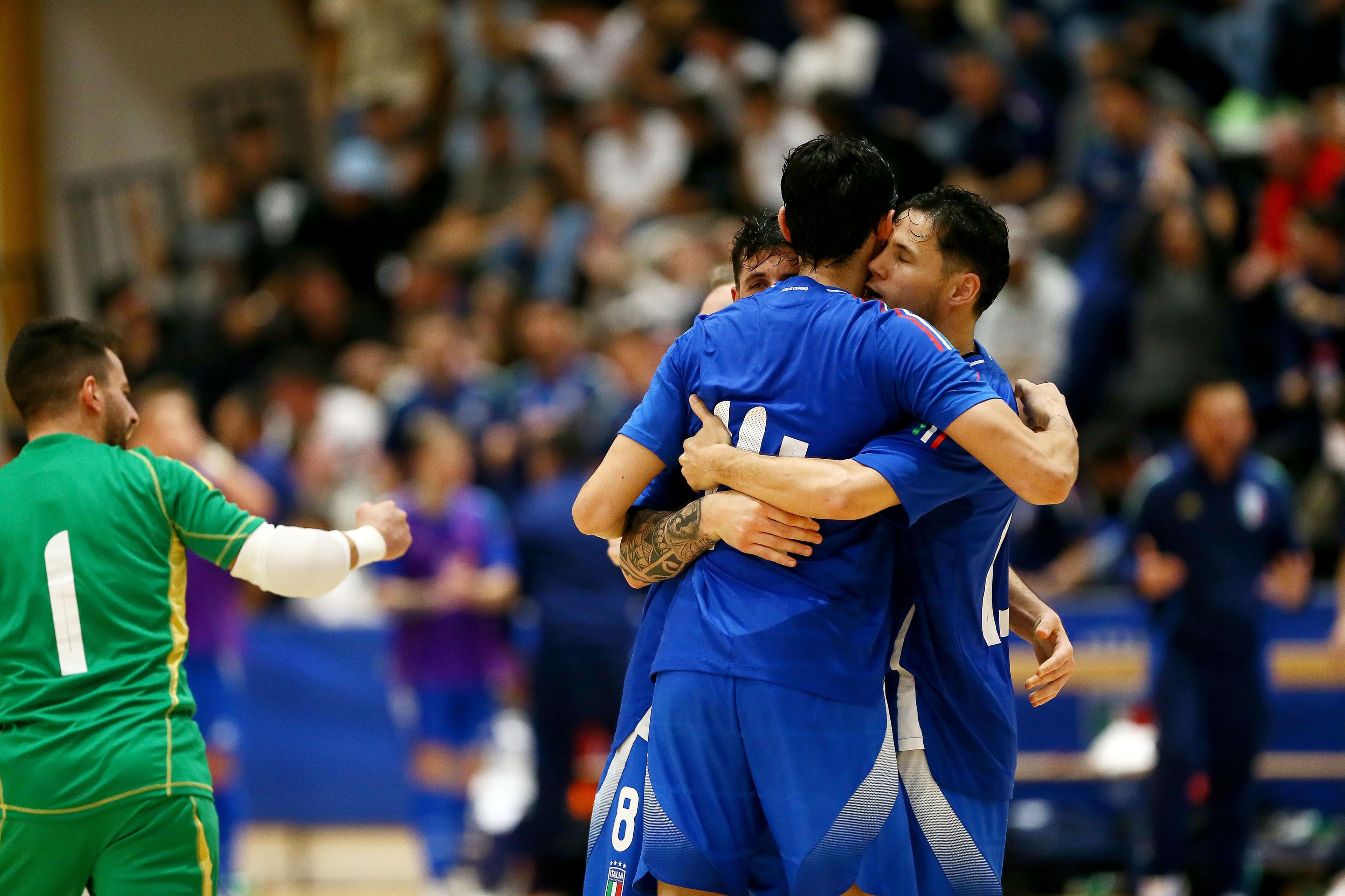 FASANO, ITALY - APRIL 16: Gabriel Motta of Italy rejoices after the goal during the UEFA Euro Futsal 2026 qualification match between Italy and Finland at Palasport Fasano, on April 16, 2025 in Fasano, Italy. (Photo by FIGC/FIGC via Getty Images)