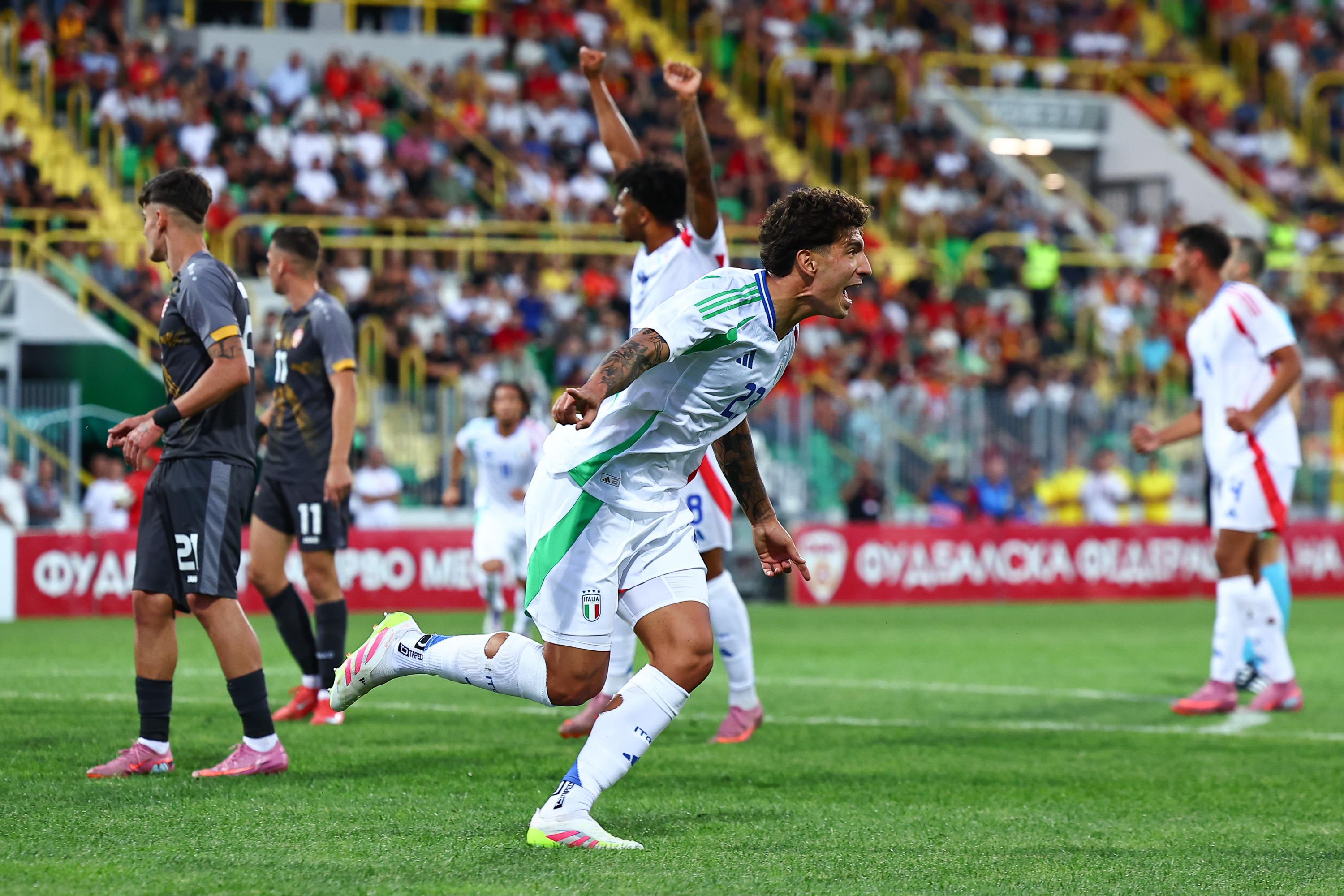 BITOLA, NORTH MACEDONIA - SEPTEMBER 09: Luca Marianucci of Italy U21 celebrates after scoring his team\\'s first goal during the UEFA Euro U21 Qualification match between North Macedonia and Italy at Petar Milosevski stadium on September 09, 2025 in Bitola, North Macedonia. (Photo by Luca Bizzarri - FIGC/FIGC via Getty Images)