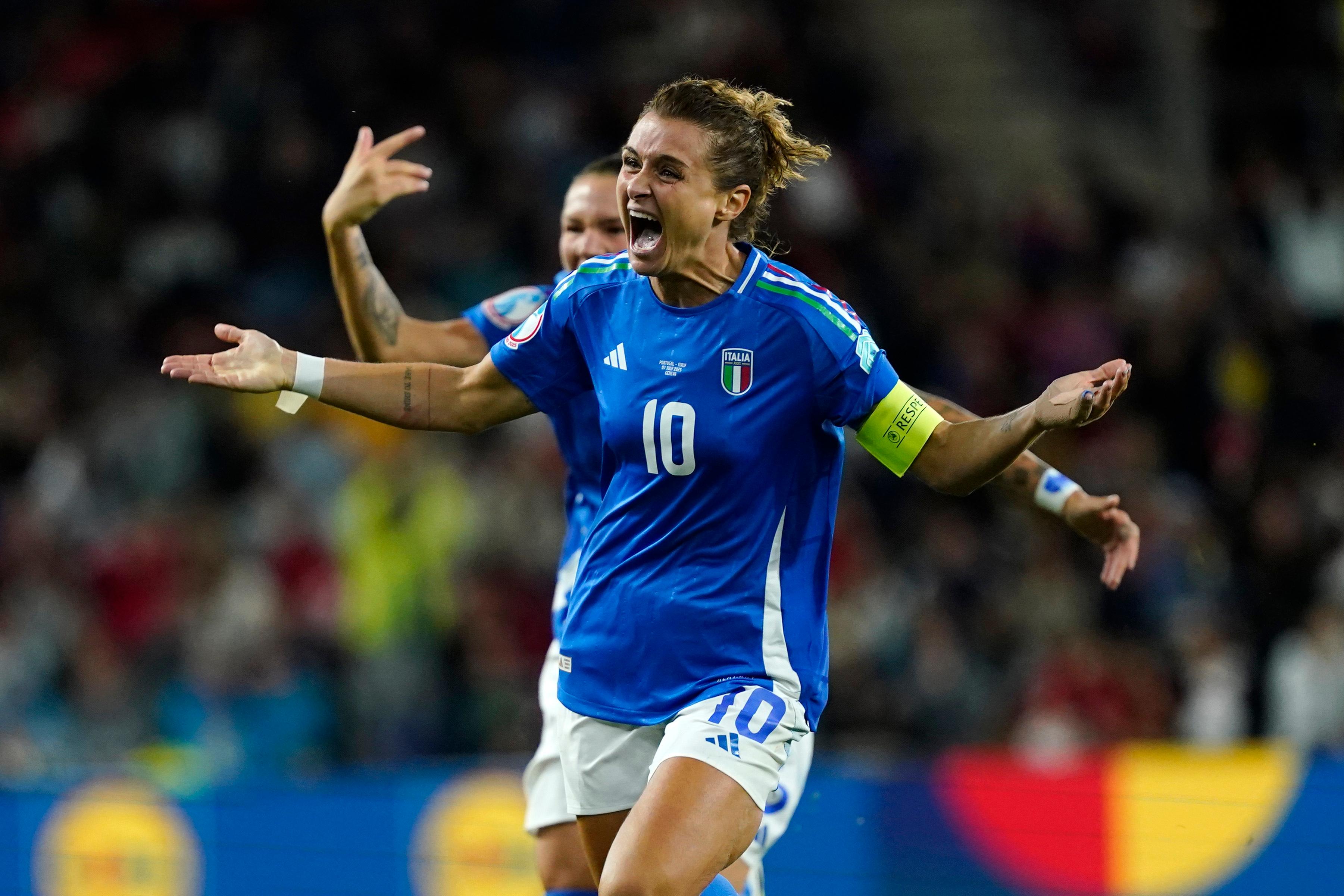 GENEVA, SWITZERLAND - JULY 07: Cristiana Girelli of Italy celebrates scoring her team's first goal during the UEFA Women's EURO 2025 Group B match between Portugal and Italy at Stade de Geneve on July 07, 2025 in Geneva, Switzerland. (Photo by Pier Marco Tacca - FIGC/FIGC via Getty Images)