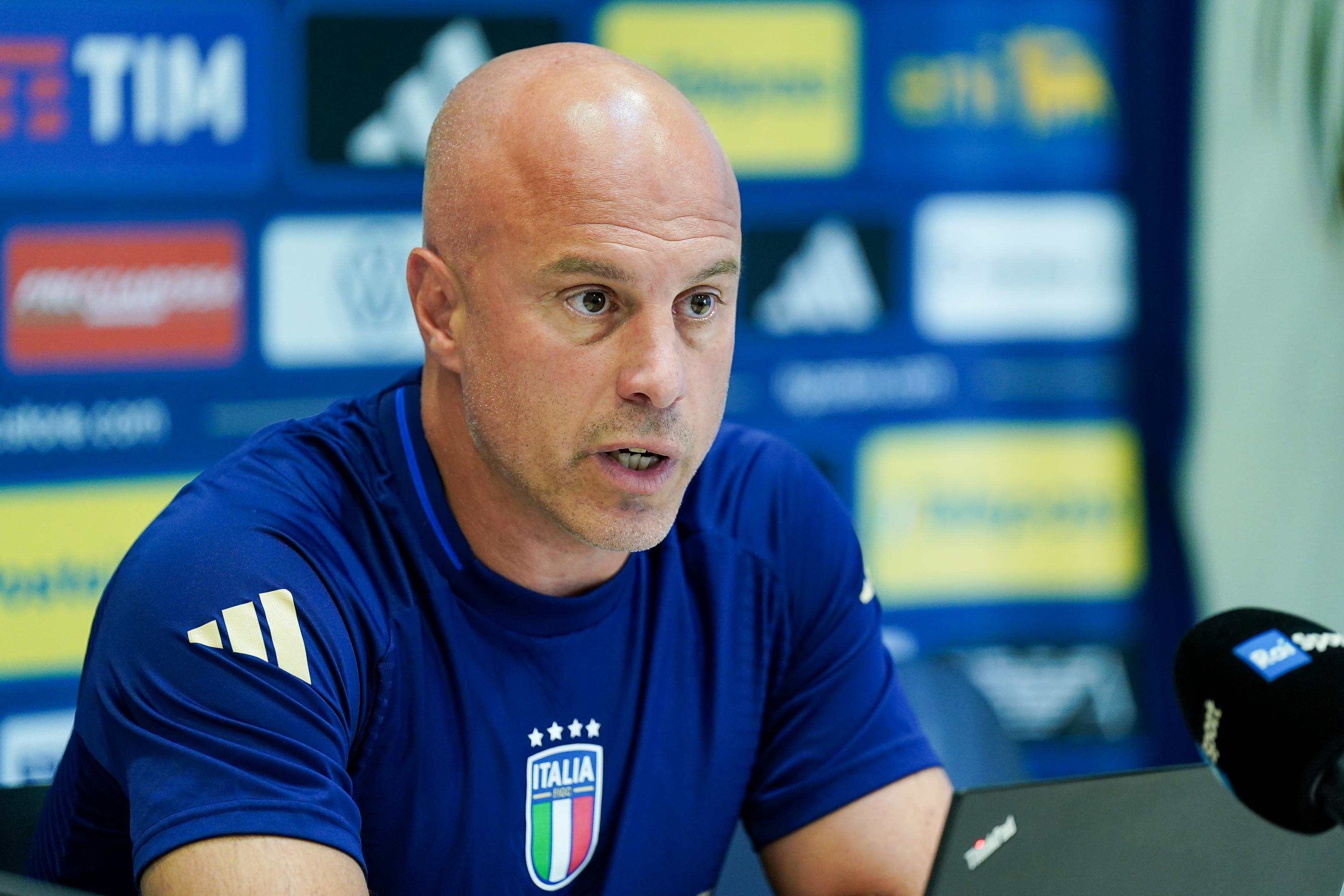 WEGGIS, SWITZERLAND - JUNE 28: Head Coach Andrea Soncin of Italy during a press conference proior to the Italy Women training session at Thermoplan Arena on June 28, 2025 in Weggis, Switzerland. (Photo by Daniela Porcelli - FIGC/FIGC via Getty Images)