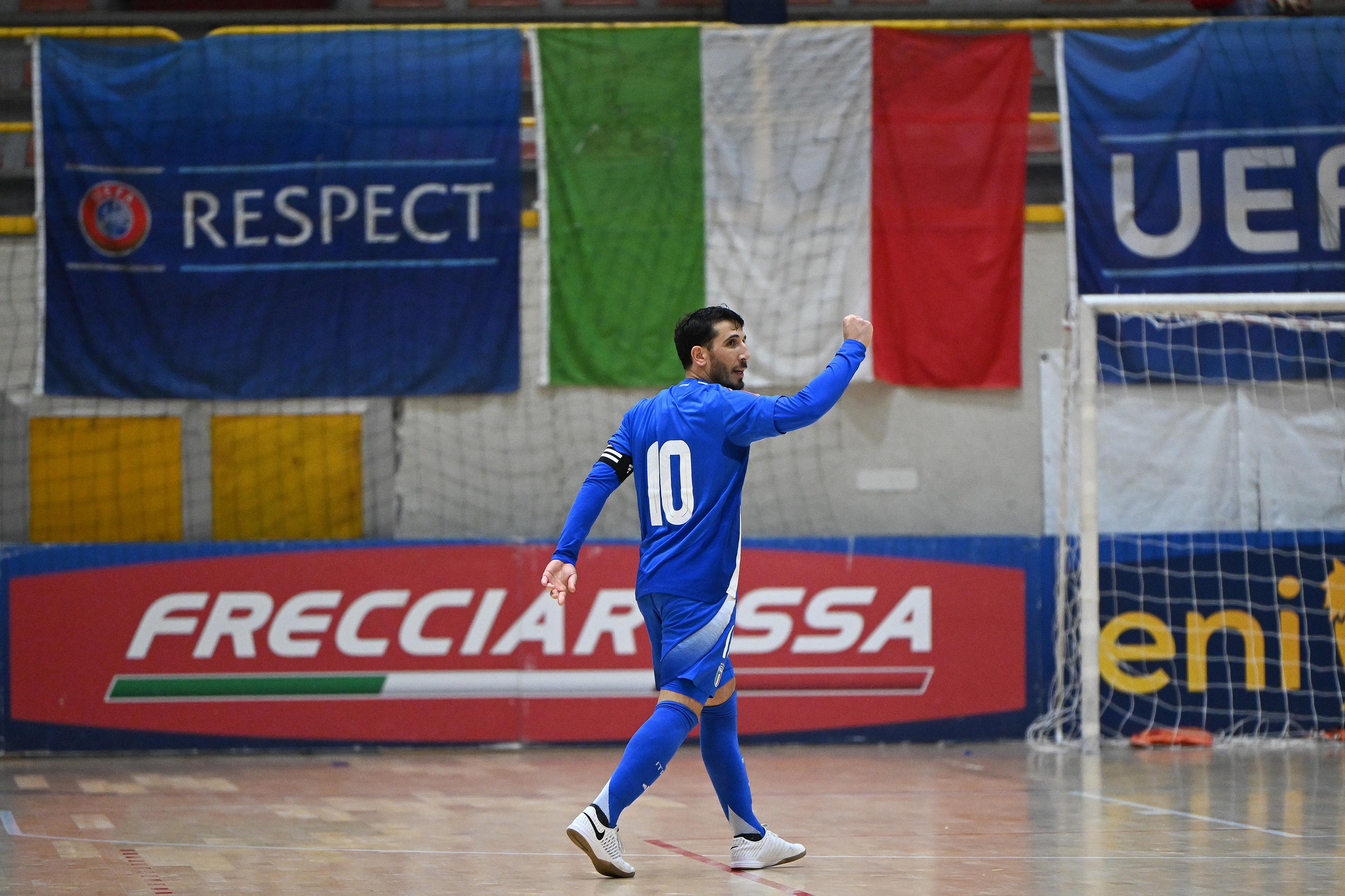 BENEVENTO, ITALY - DECEMBER 17: Carmelo Musumeci of Italy celebrates after scoring his side second goal during the Futsal Friendly match between Italy and Lithuania on December 17, 2024 in Benevento, Italy. (Photo by FIGC/FIGC via Getty Images)
