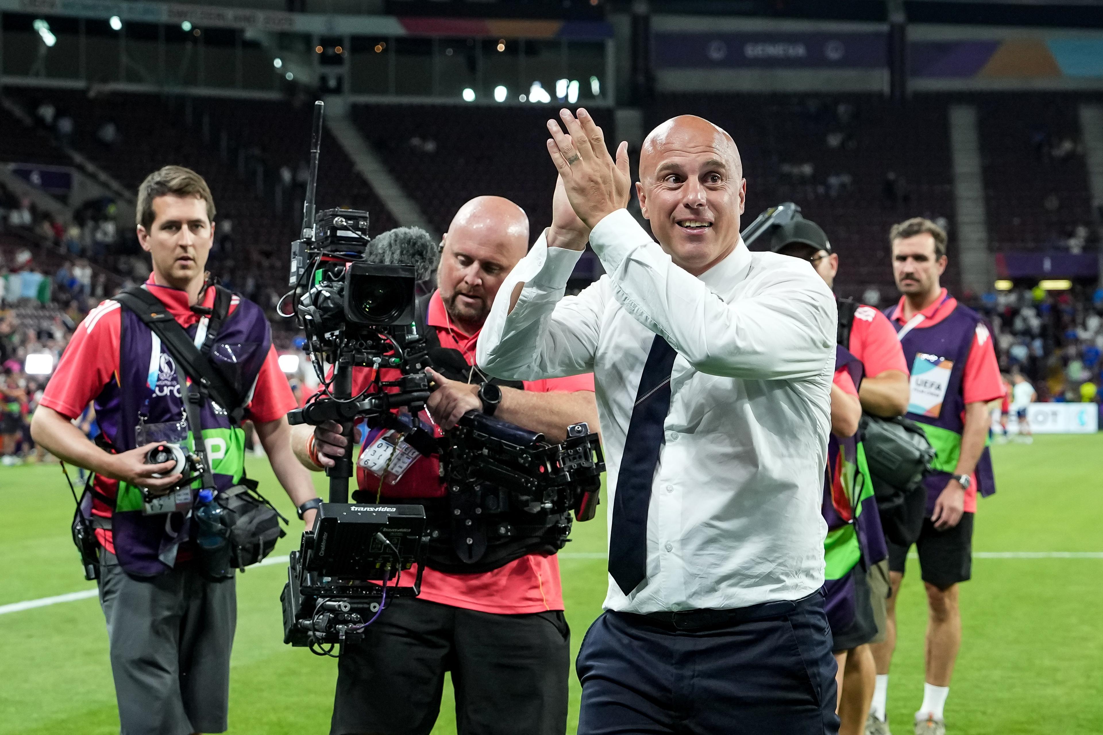 GENEVA, SWITZERLAND - JULY 16: Head coach Andrea Soncin of Italy thanks the fans after the victory during the UEFA Women\\'s EURO 2025 Quarter-Final match between Norway and Italy at Stade de Geneve on July 16, 2025 in Geneva, Switzerland. (Photo by Daniela Porcelli/FIGC via Getty Images) , FIGC via Getty Images