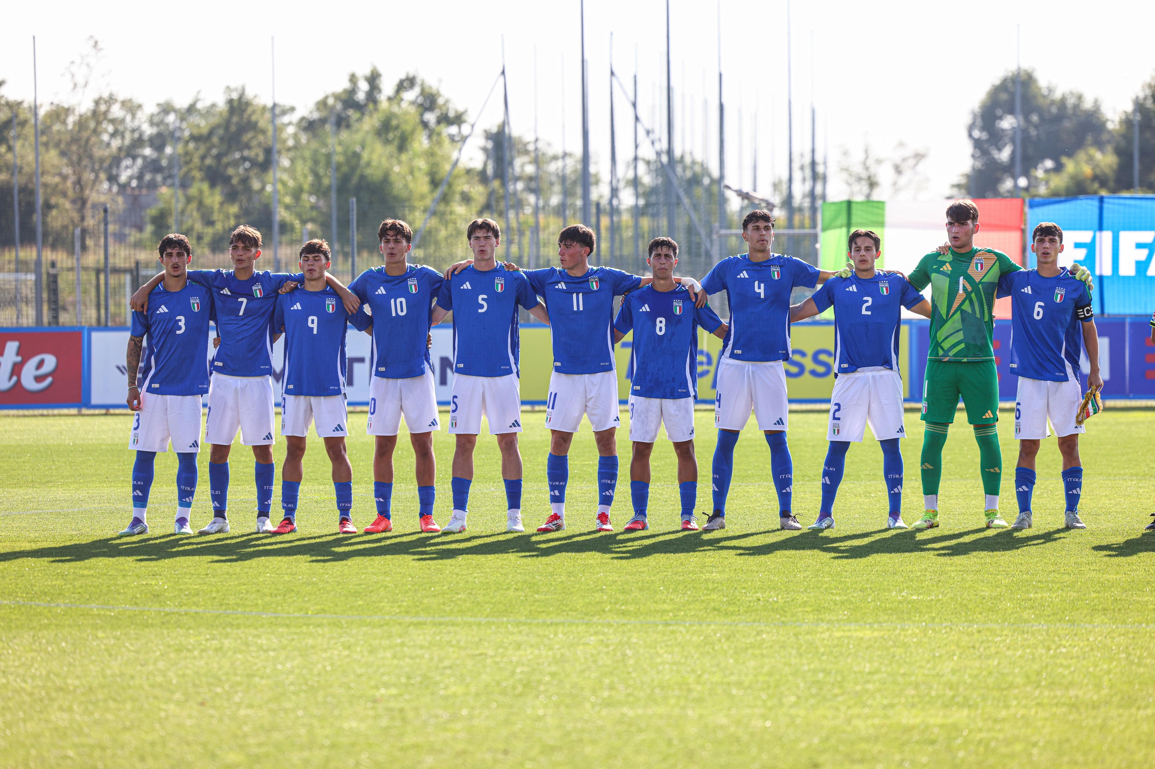 NOVARA, ITALY - AUGUST 05: Players of Italy sign the national anthem prior the International Friendly match between Italy and Albania at Novarello Training Center on August 05, 2025 in Novara, Italy. (Photo by FIGC/FIGC via Getty Images) , FIGC via Getty Images