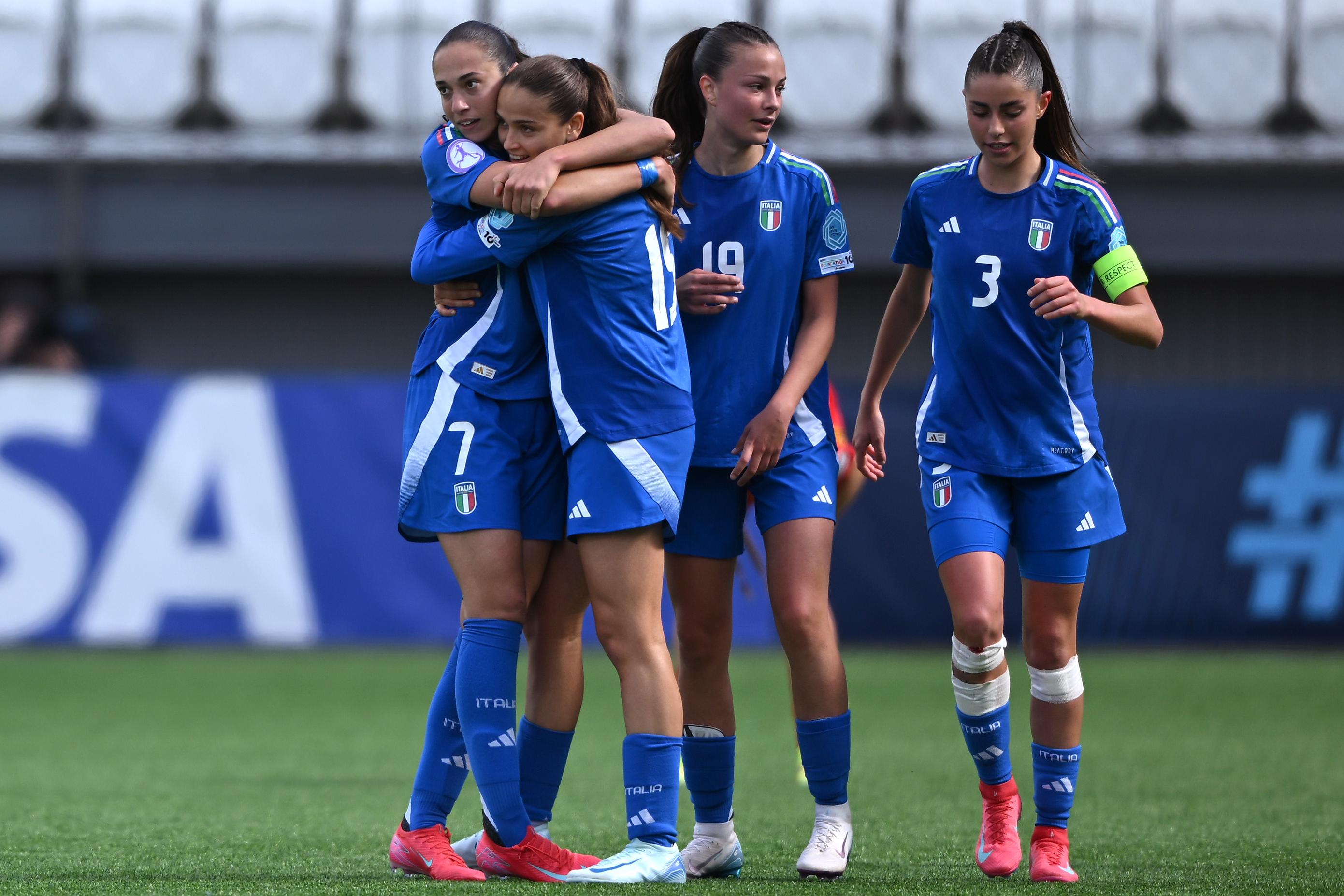 THORSHAVN, FAEROE ISLANDS - MAY 11: Giulia Galli of Italy celebrates scoring the opening goal during the UEFA Women\\'s European Under-17 Championship 2024/25 Group B match between Italy and Spain at Torsvollur on May 11, 2025 in Thorshavn, Faeroe Islands. (Photo by Shauna Clinton/UEFA via Getty Images) , Getty Images