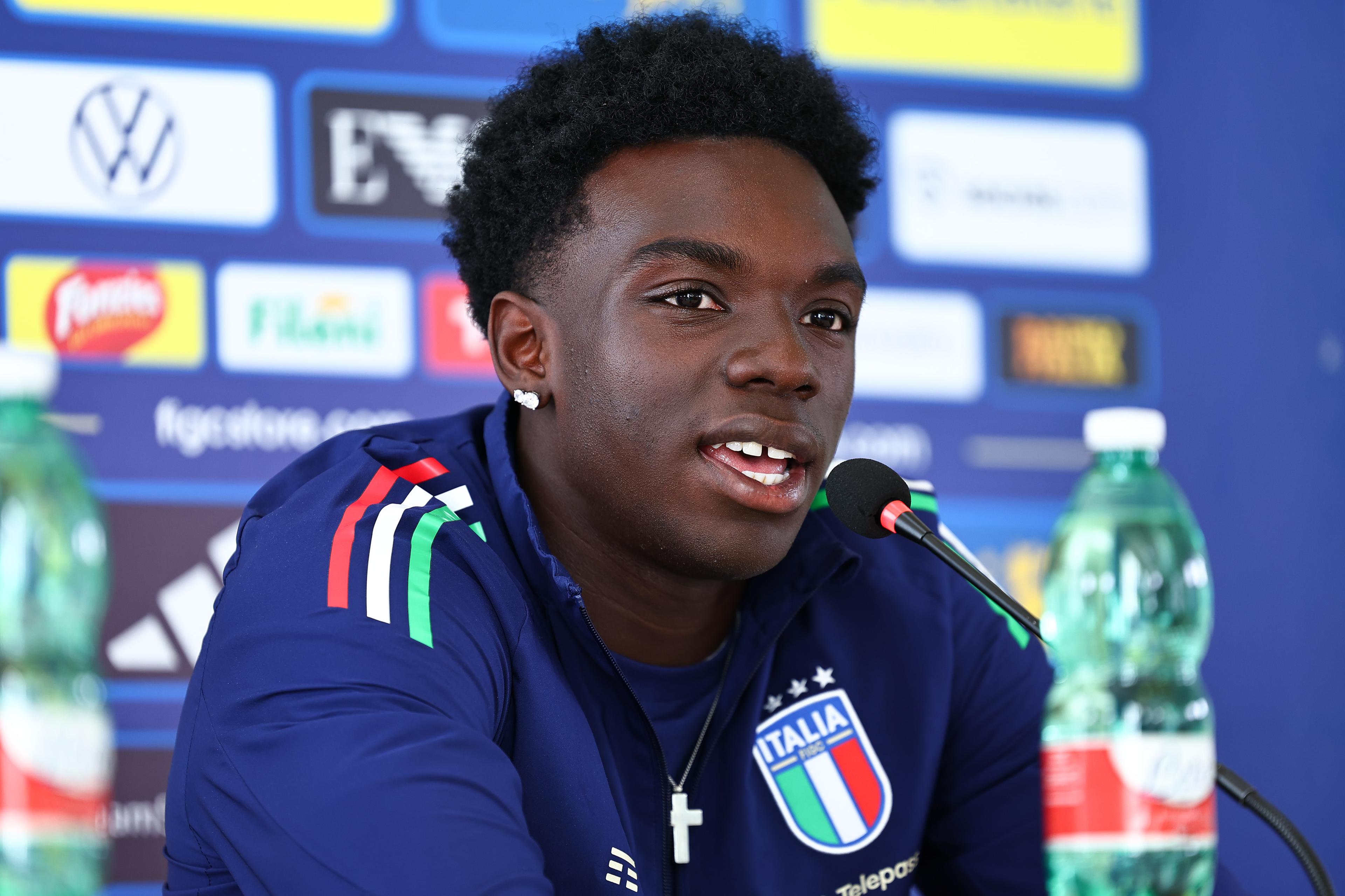 CESENA, ITALY - OCTOBER 08: Jeff Ekhator of Italy U21 speaks during a press conference on October 08, 2025 in Cesena, Italy. (Photo by Luca Bizzarri - FIGC/FIGC via Getty Images) , FIGC via Getty Images